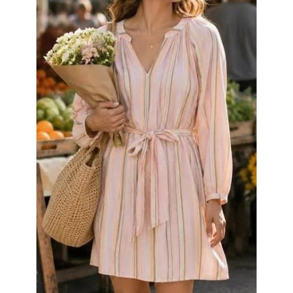 Xirena Sabrine Dress Villa Pink Stripe V Neck Belted Cotton Coastal Vacation